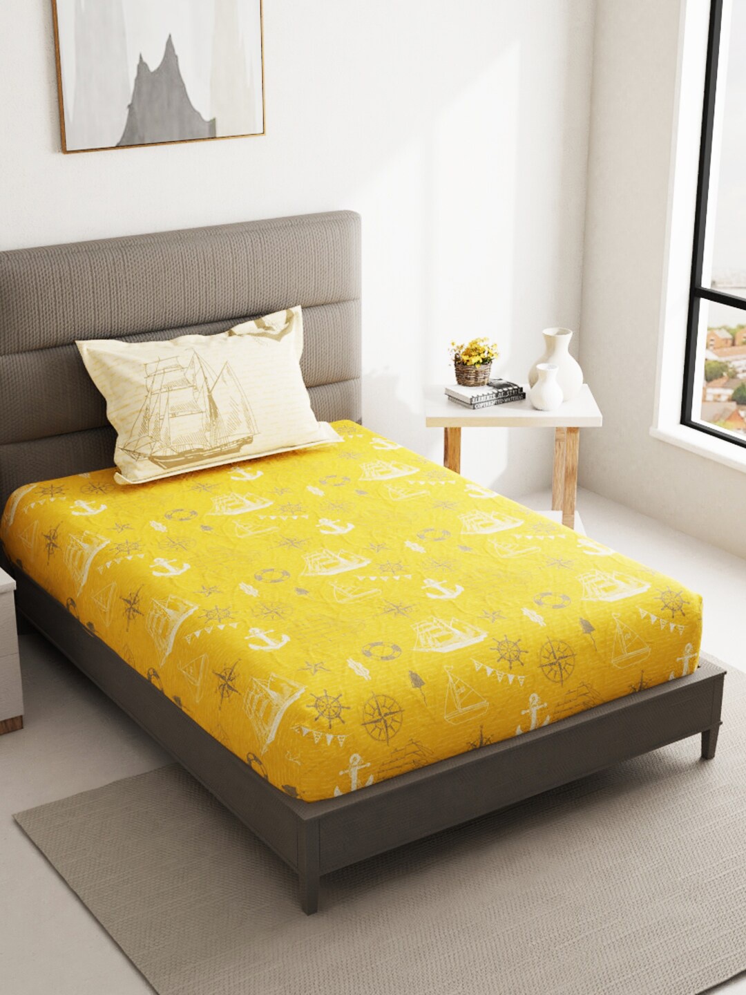 

BIANCA Yellow Geometric Printed 144 TC Single Pure Cotton Bedsheet with Pillow Cover