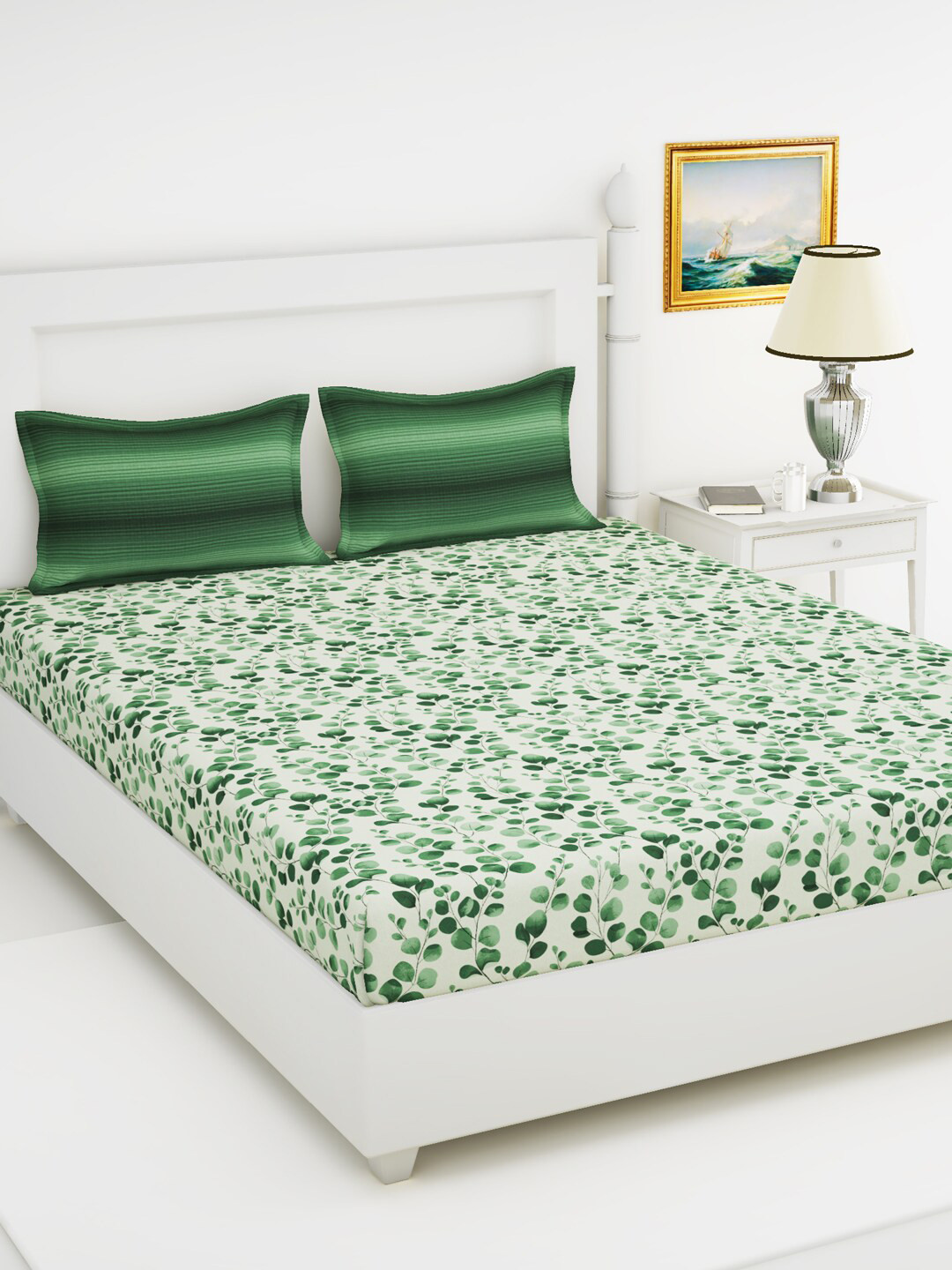 

BIANCA Green & Off White Floral 144 TC King Pure Cotton Bedsheet with 2 Pillow Covers