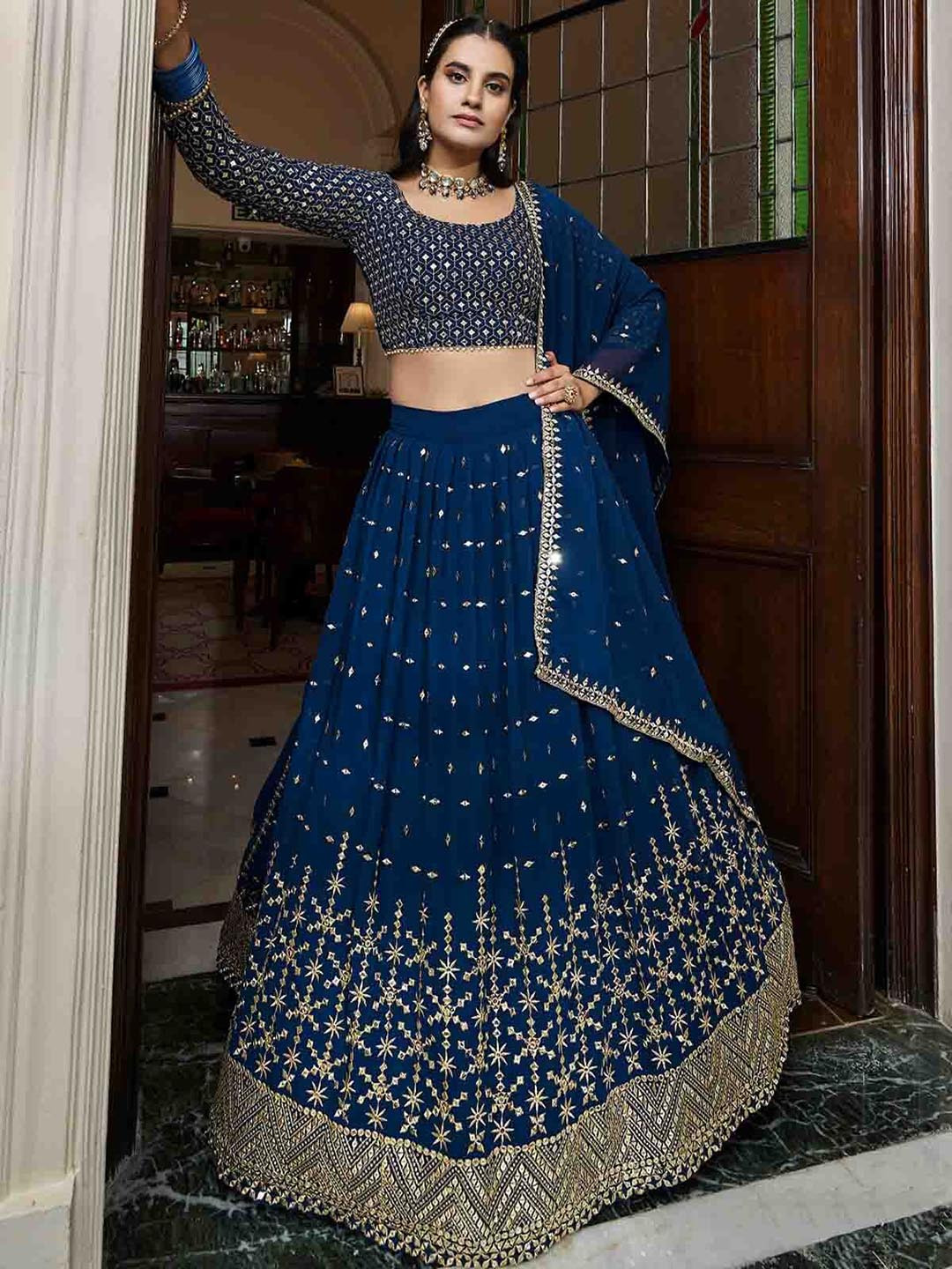 

ODETTE Embroidered Thread Work Semi-Stitched Lehenga & Unstitched Blouse With Dupatta, Blue