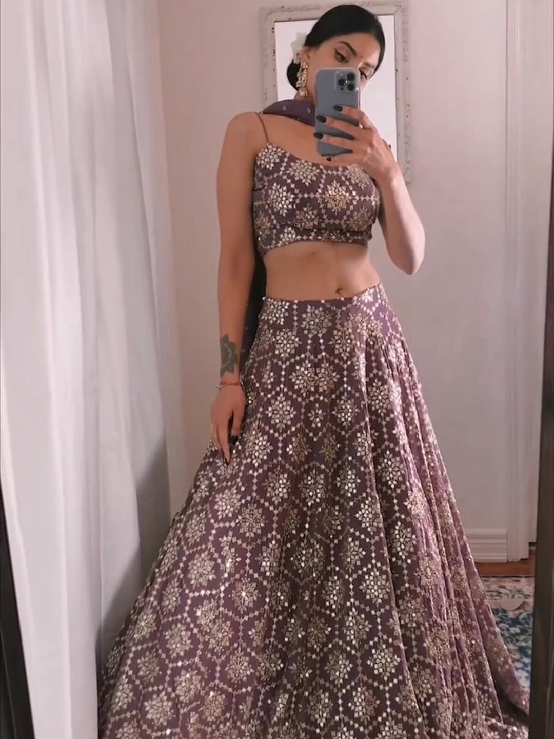 

ODETTE Embroidered Thread Work Semi-Stitched Lehenga & Unstitched Blouse With Dupatta, Purple