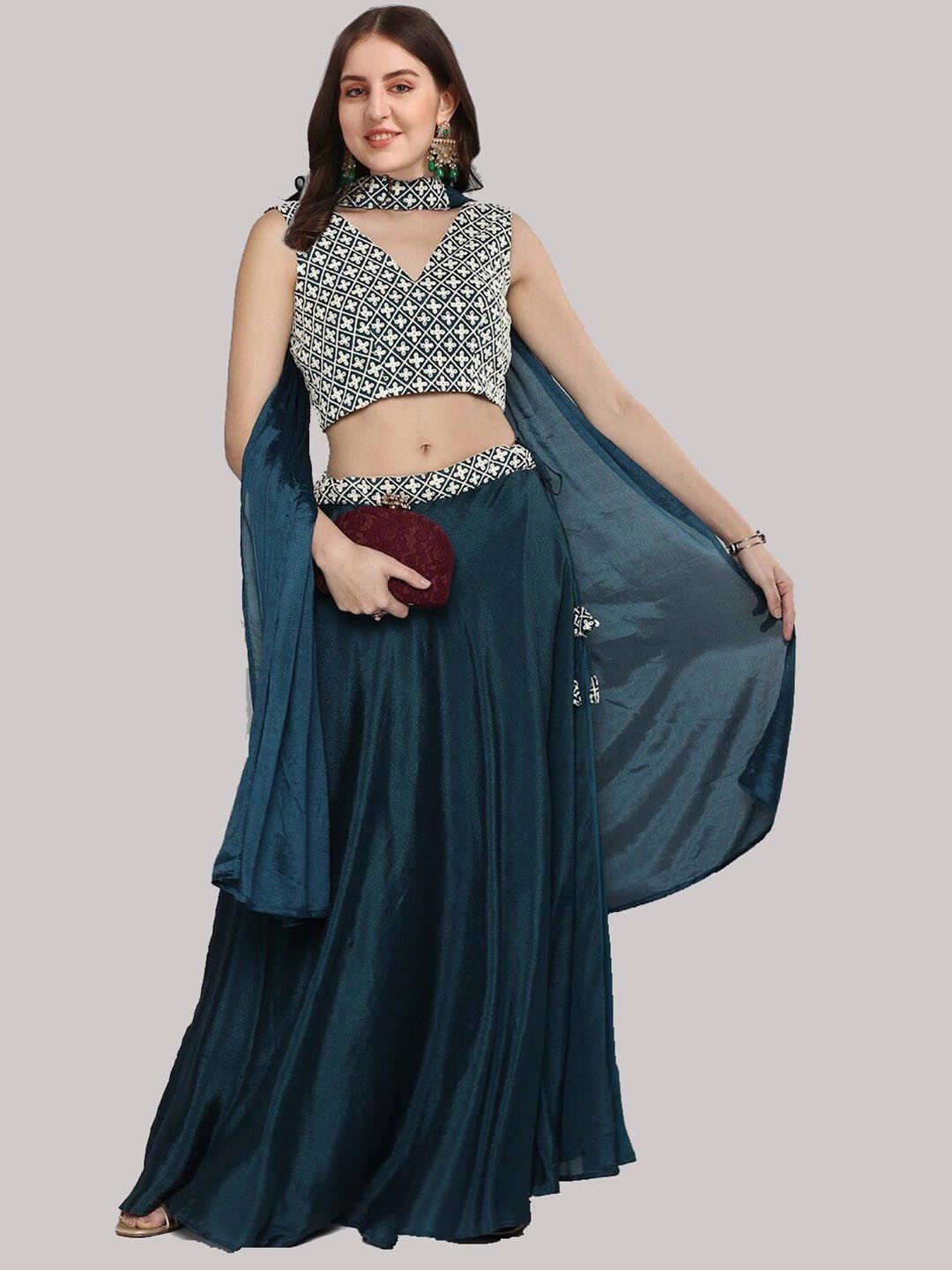 

Ethnic Yard Embroidered Sequinned Semi-Stitched Lehenga & Unstitched Blouse With Dupatta, Blue