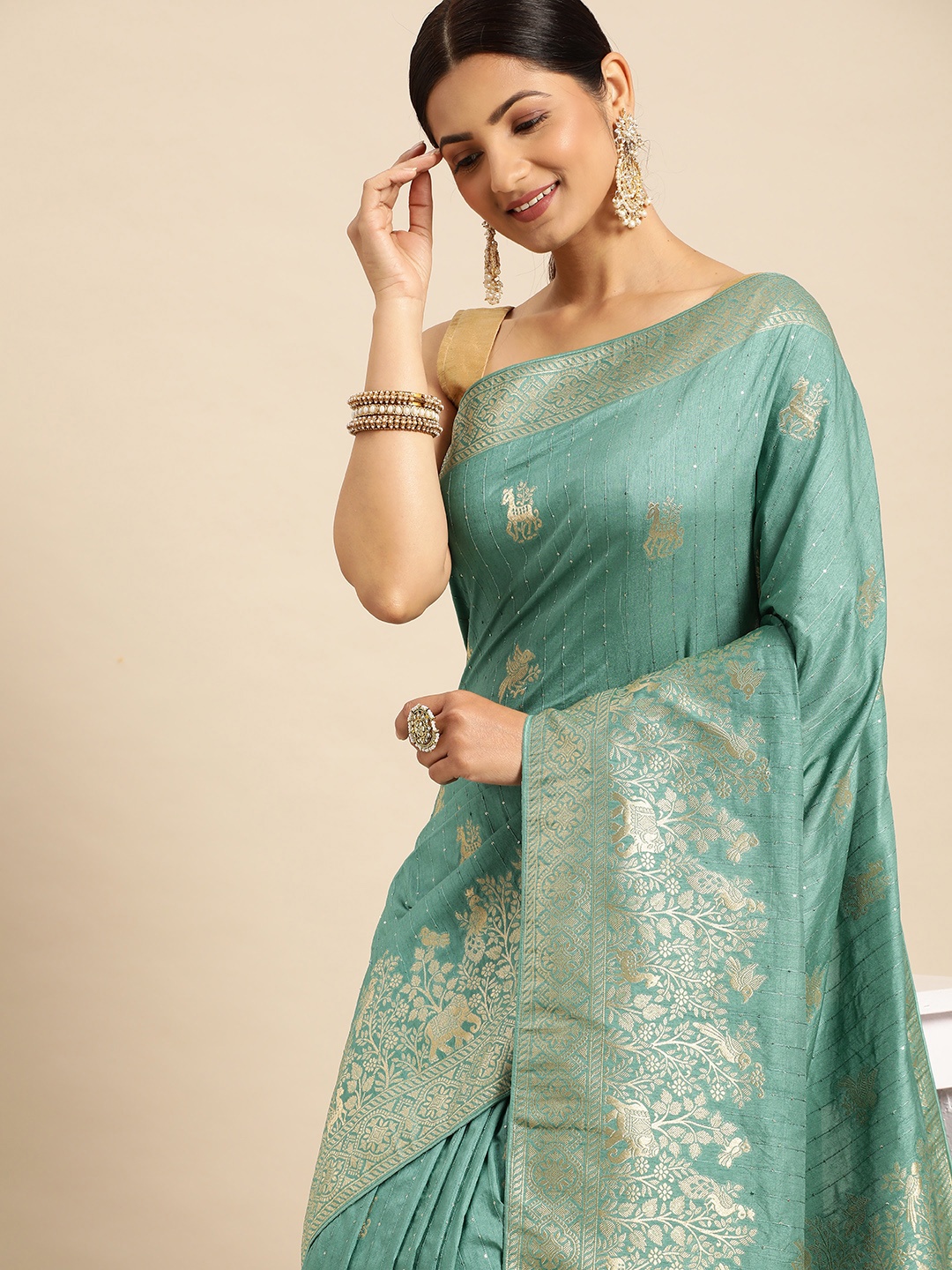 

APPLIX STYLE Ethnic Motifs Sequinned Banarasi Saree, Turquoise blue
