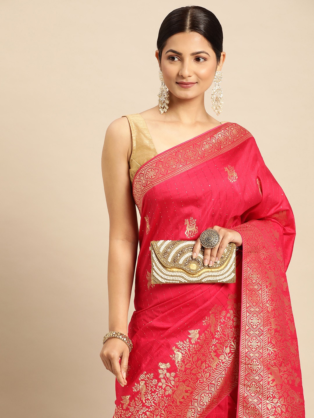 

APPLIX STYLE Ethnic Motifs Sequinned Banarasi Saree, Pink
