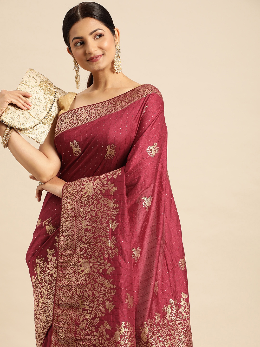 

APPLIX STYLE Ethnic Motifs Sequinned Banarasi Saree, Maroon