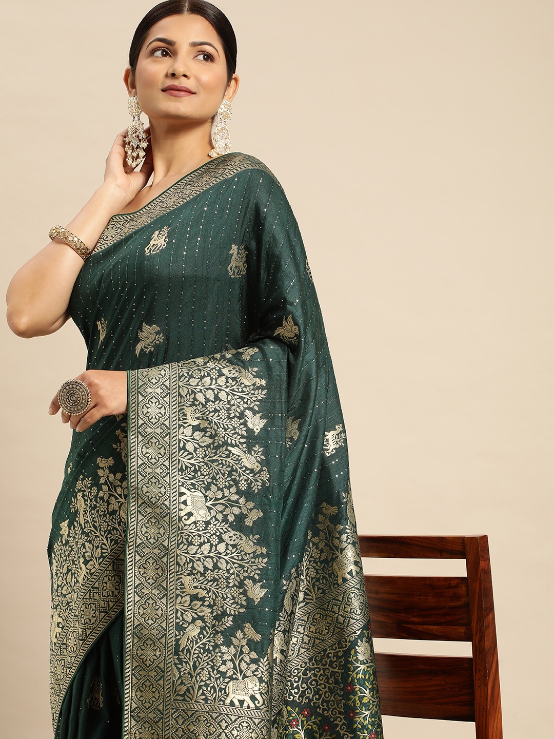 

APPLIX STYLE Ethnic Motifs Sequinned Banarasi Saree, Green