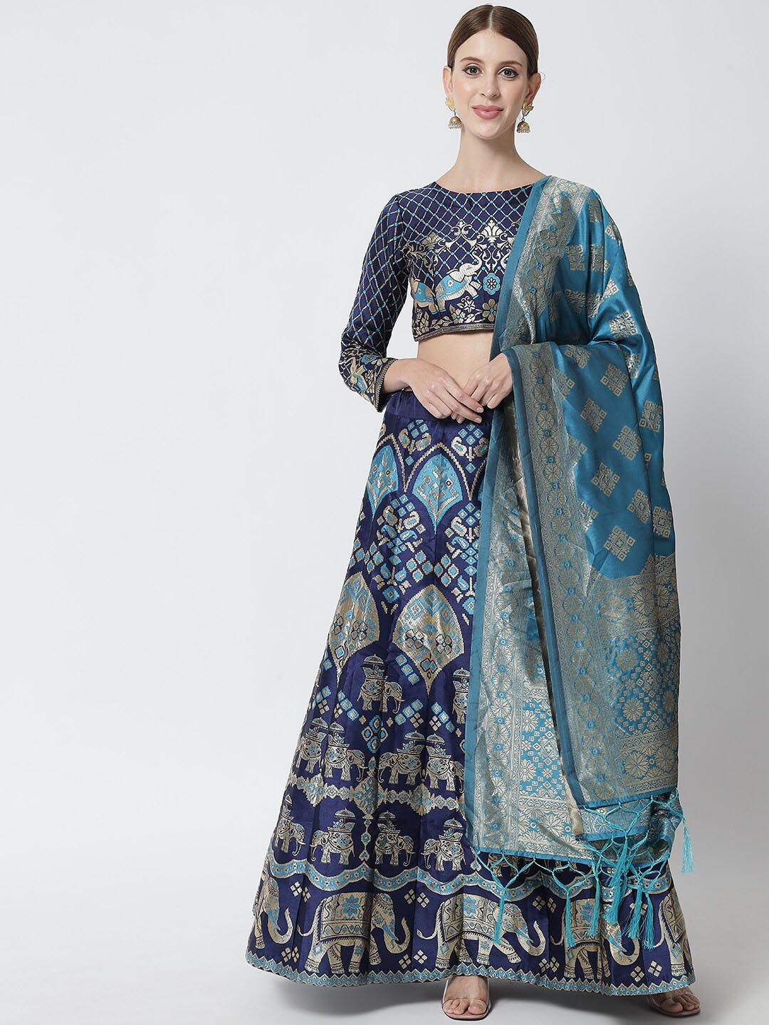 

Mitera Navy Semi-Stitched Lehenga & Unstitched Blouse With Dupatta, Navy blue
