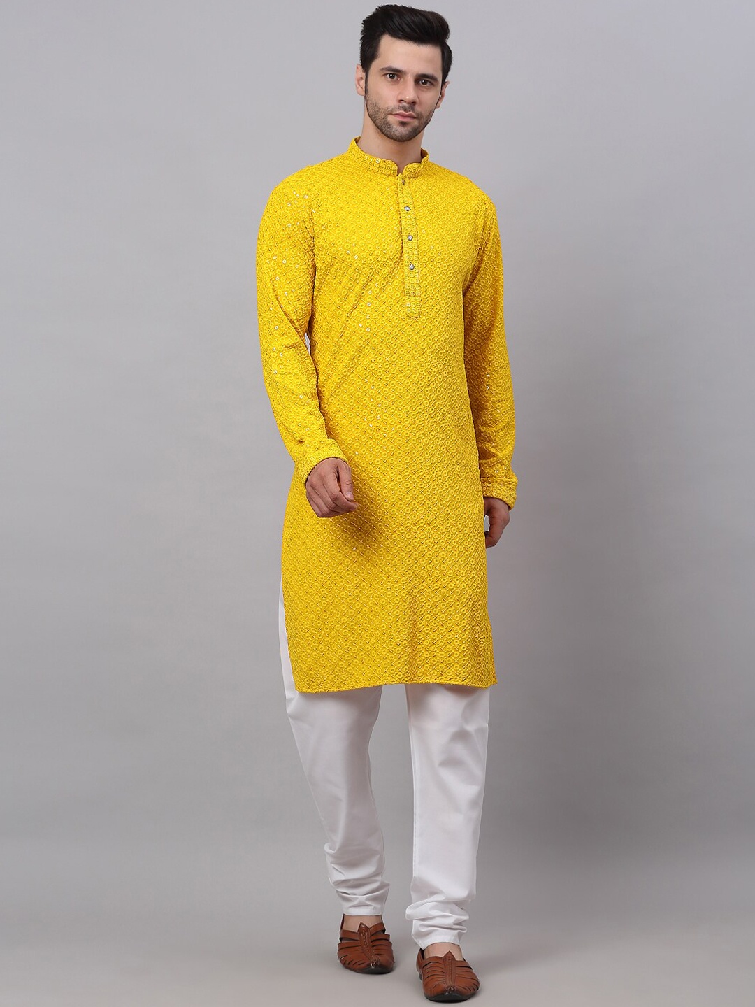 

Jompers Men Floral Embroidered Sequinned Pure Cotton Kurta with Churidar, Yellow