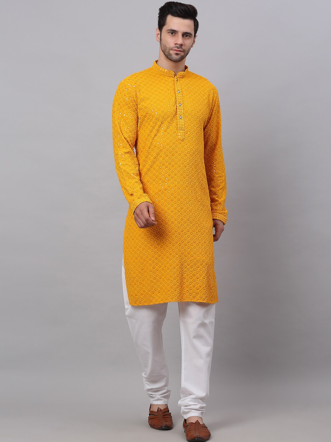 

Jompers Men Floral Embroidered Sequinned Pure Cotton Kurta with Churidar, Mustard