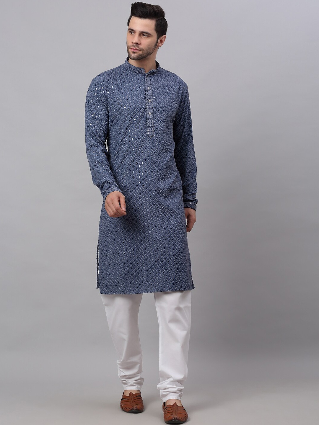 

Jompers Men Floral Embroidered Sequinned Pure Cotton Kurta with Churidar, Grey