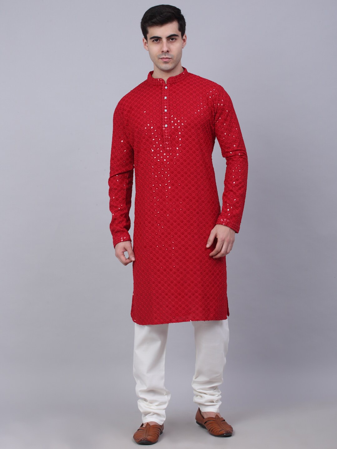 

Jompers Men Floral Embroidered Sequinned Pure Cotton Kurta with Churidar, Red