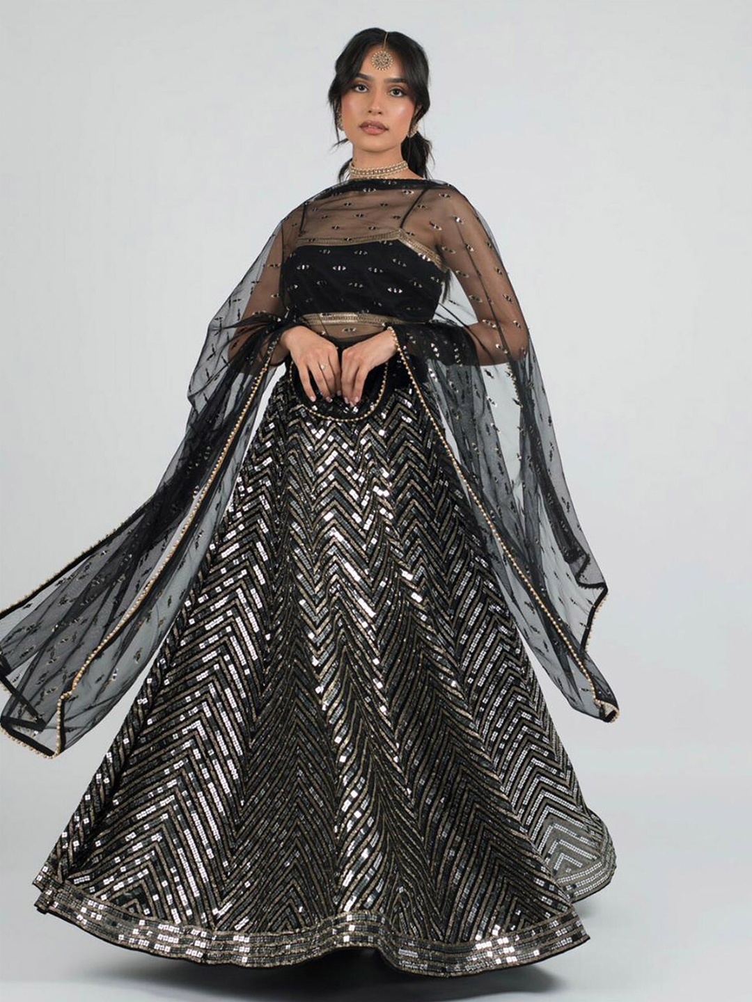 

ODETTE Mirror Work Semi-Stitched Lehenga & Unstitched Blouse With Dupatta, Black