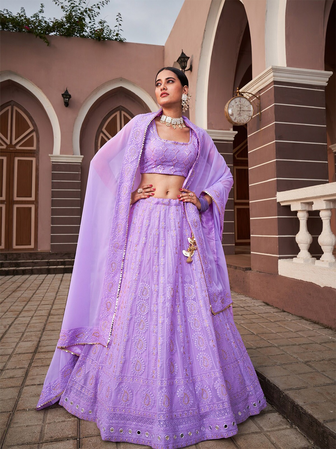 

ODETTE Embroidered Thread Work Semi-Stitched Lehenga & Unstitched Blouse With Dupatta, Lavender