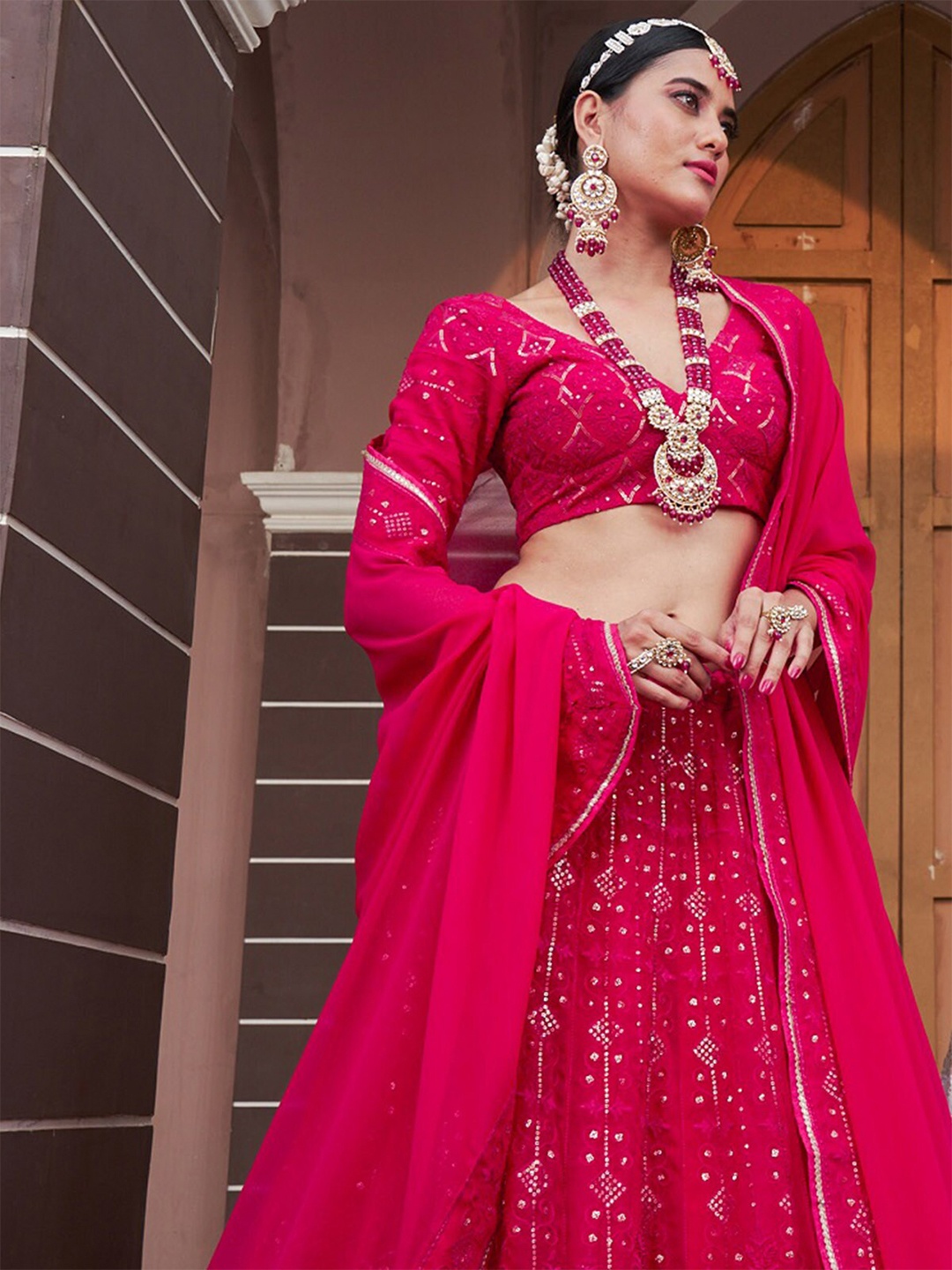 

ODETTE Embroidered Sequinned Semi-Stitched Lehenga & Unstitched Blouse With Dupatta, Pink