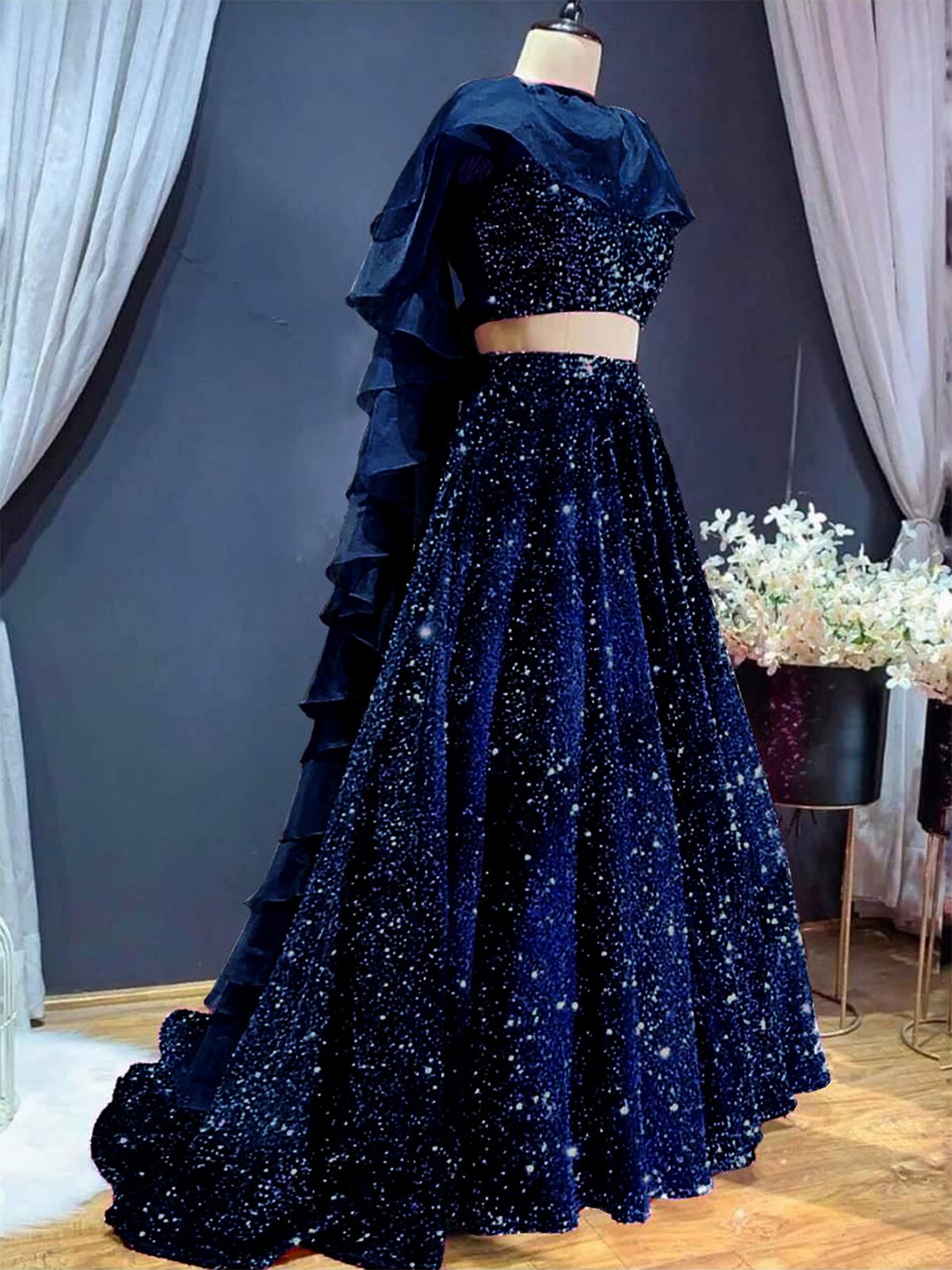 

ODETTE Embellished Sequinned Semi-Stitched Lehenga & Unstitched Blouse With Dupatta, Navy blue