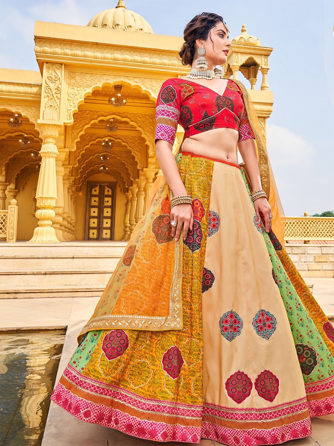 

ODETTE Printed Semi-Stitched Lehenga & Unstitched Blouse With Dupatta, Mustard