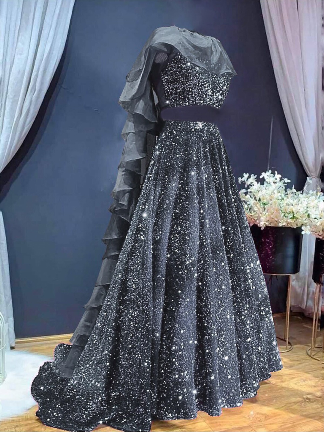 

ODETTE Embroidered Semi-Stitched Lehenga & Unstitched Blouse With Dupatta, Grey