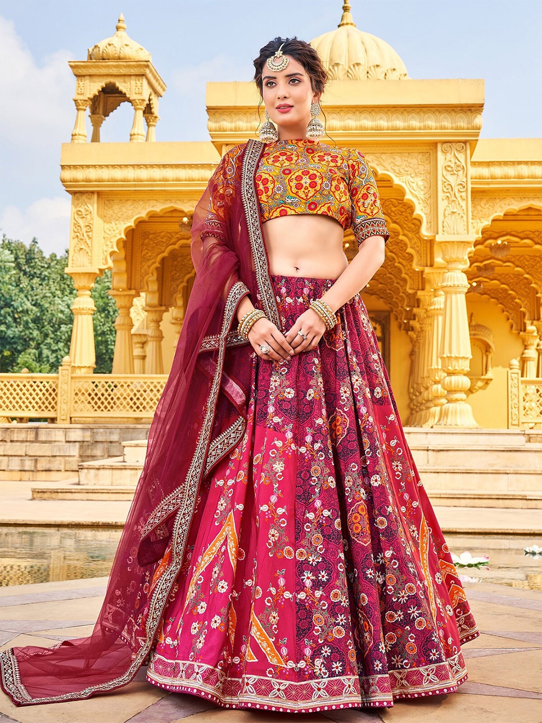 

ODETTE Printed Semi-Stitched Lehenga & Unstitched Blouse With Dupatta, Pink