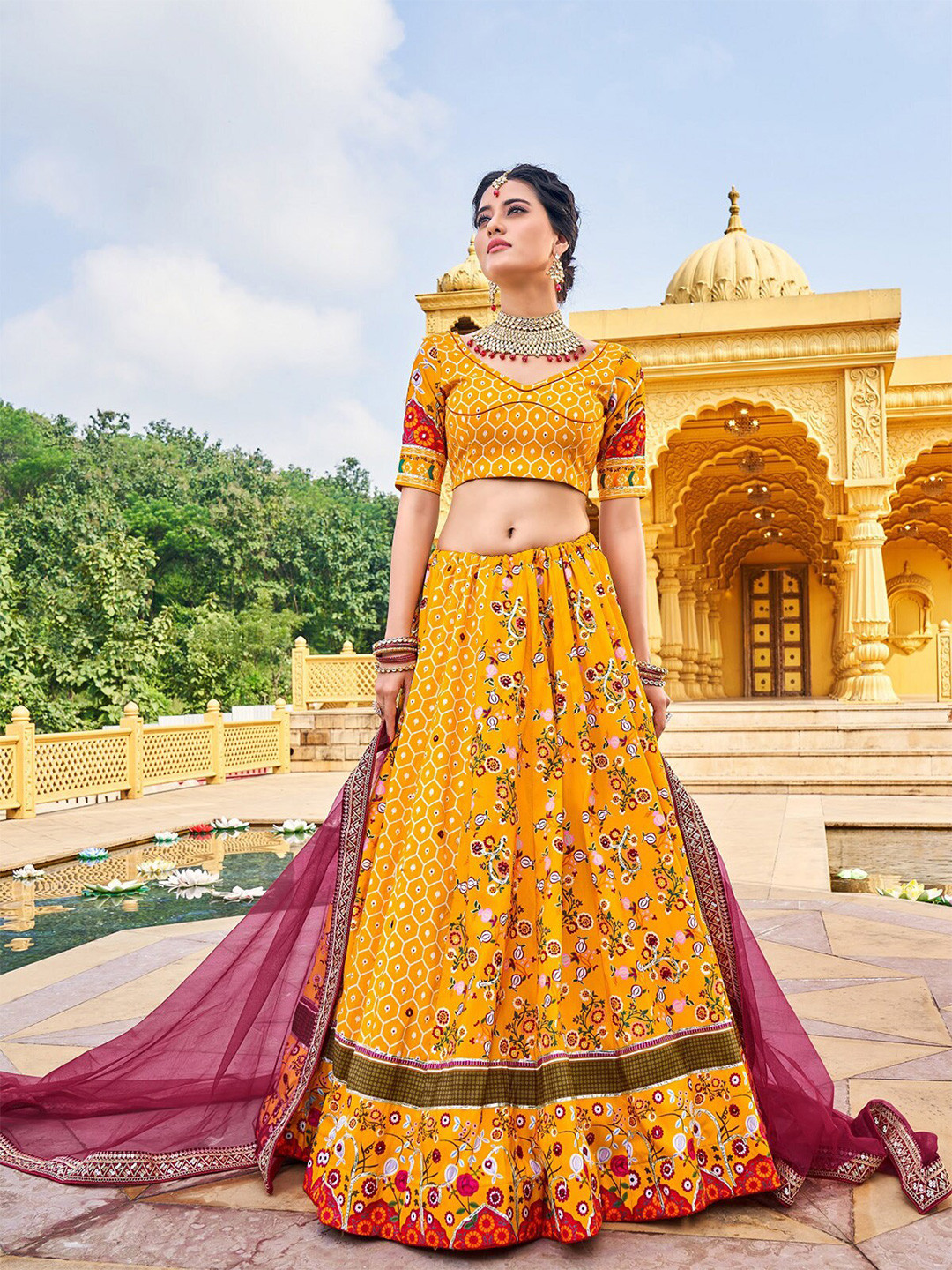 

ODETTE Printed Semi-Stitched Lehenga & Unstitched Blouse With Dupatta, Yellow