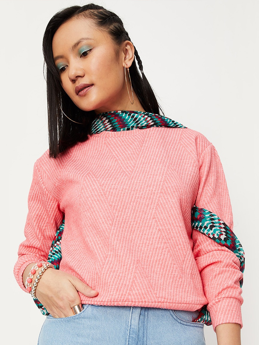 

max Women Round Neck Printed Sweatshirt, Coral