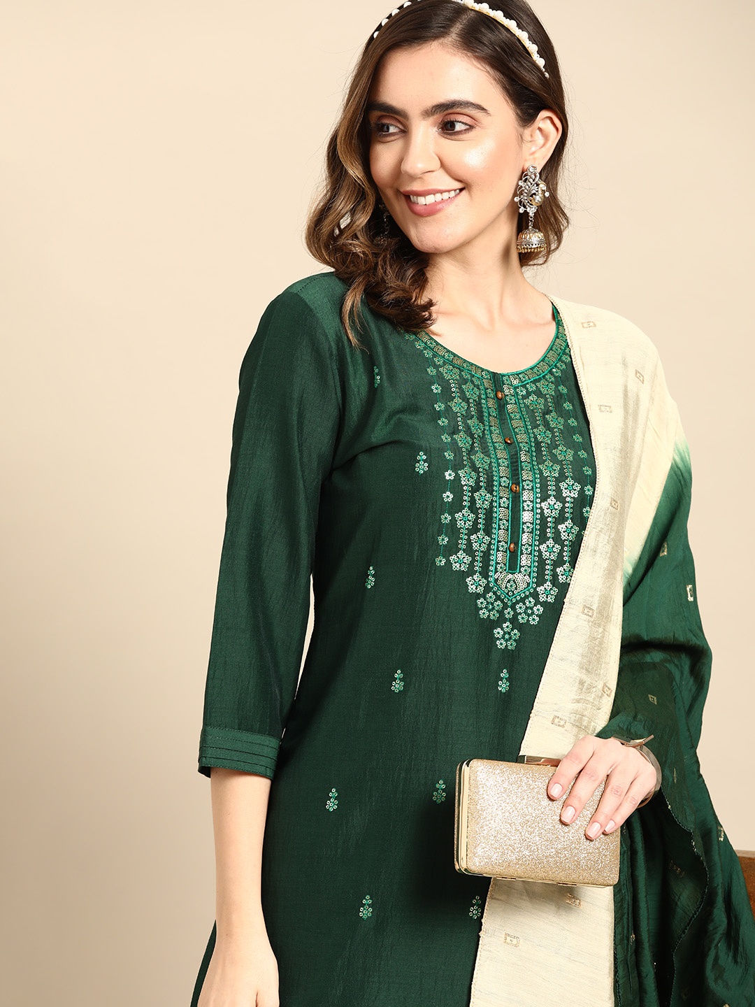 

Sangria Women Ethnic Motifs Embroidered Sequinned Kurta With Trousers & With Dupatta, Green