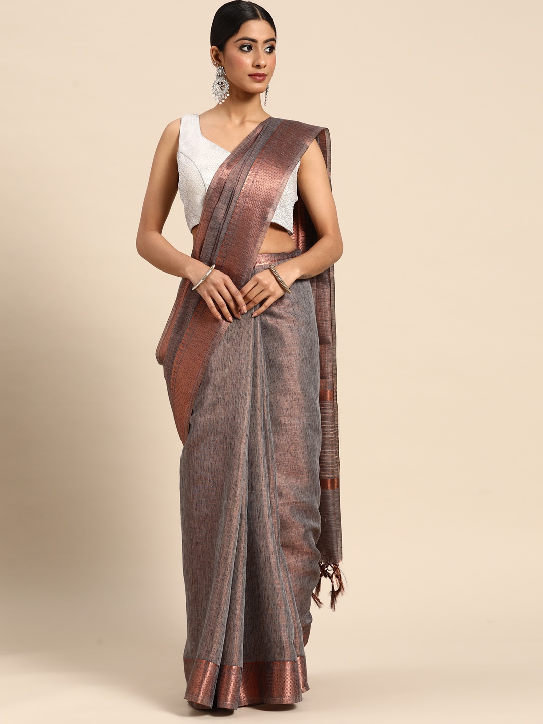

all about you Striped Zari Saree, Copper