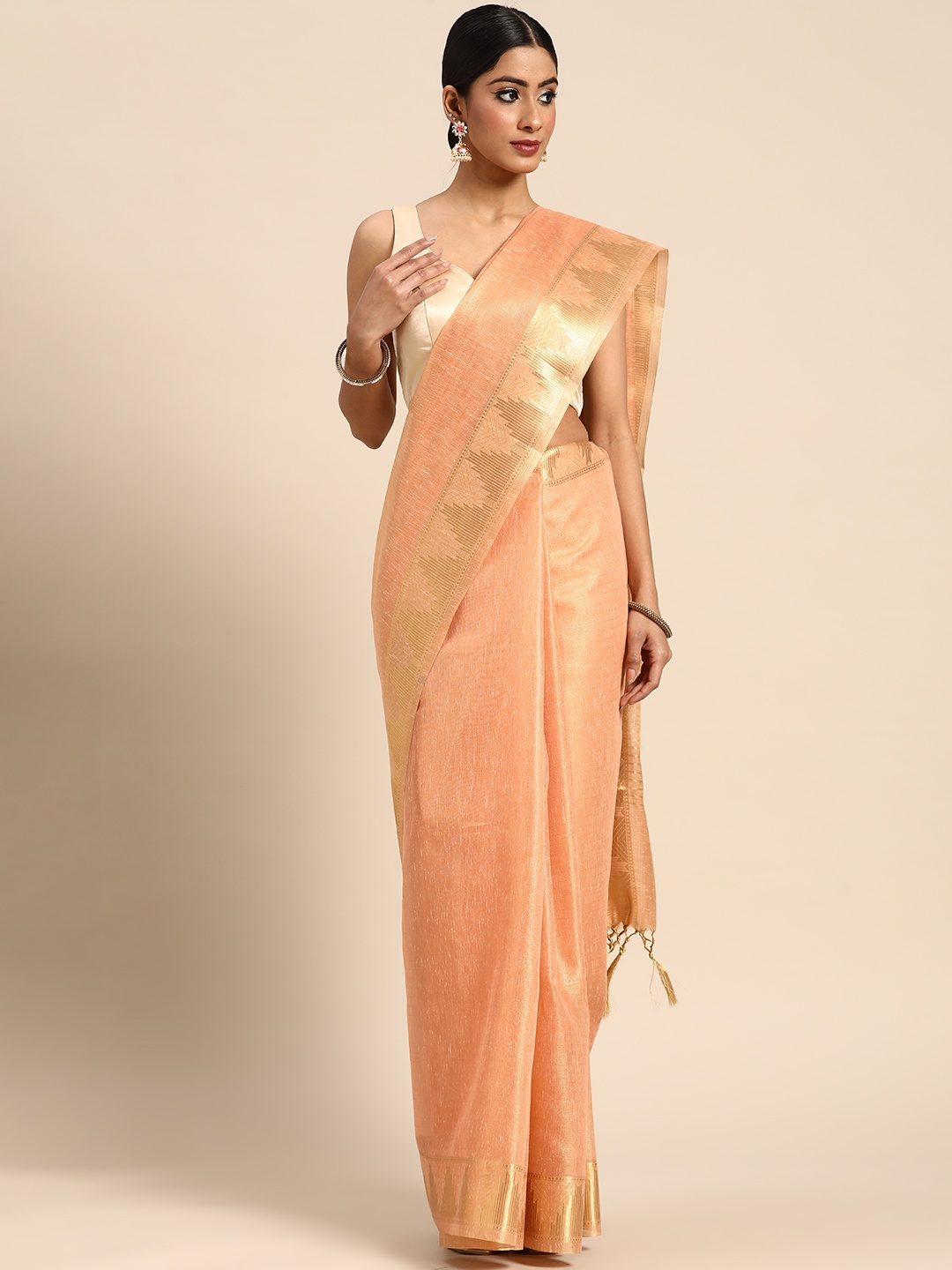 

all about you Solid Zari Saree, Peach