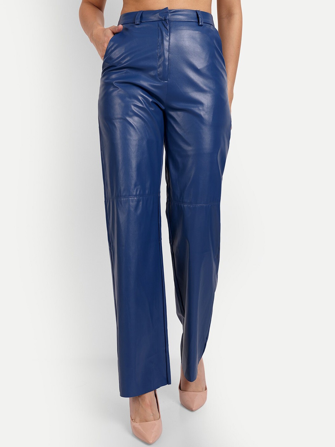 

iki chic Women High-Rise Non Iron Leather Trousers, Blue