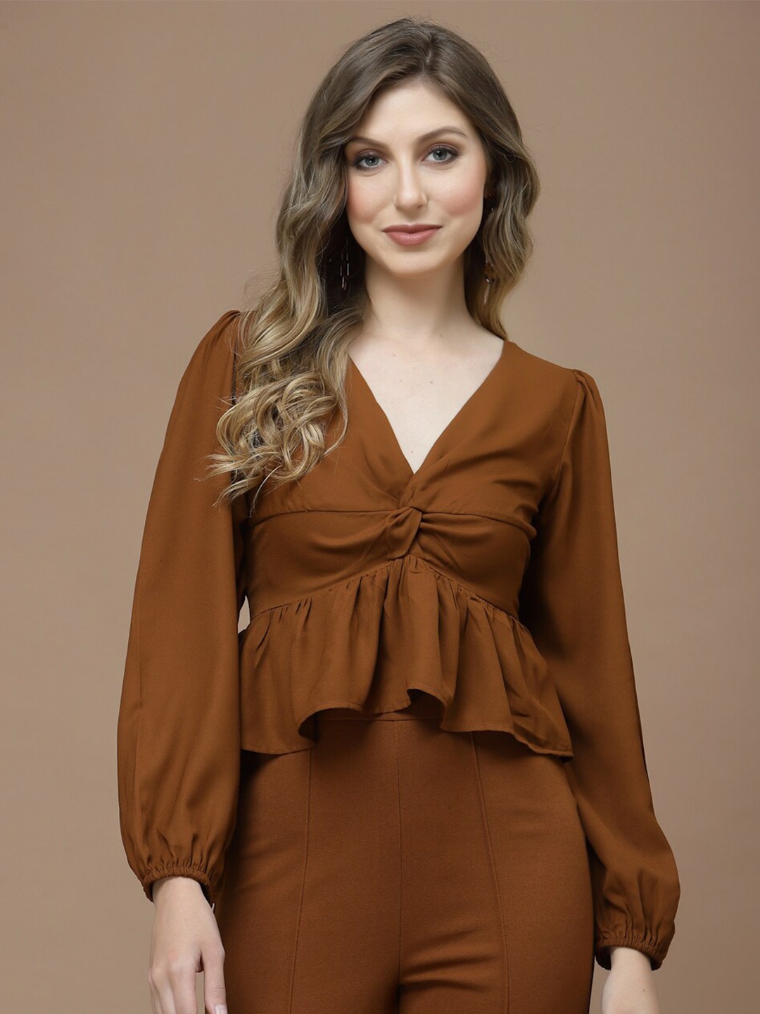 

KASSUALLY Front Knot Peplum Feminine Frills Top, Brown