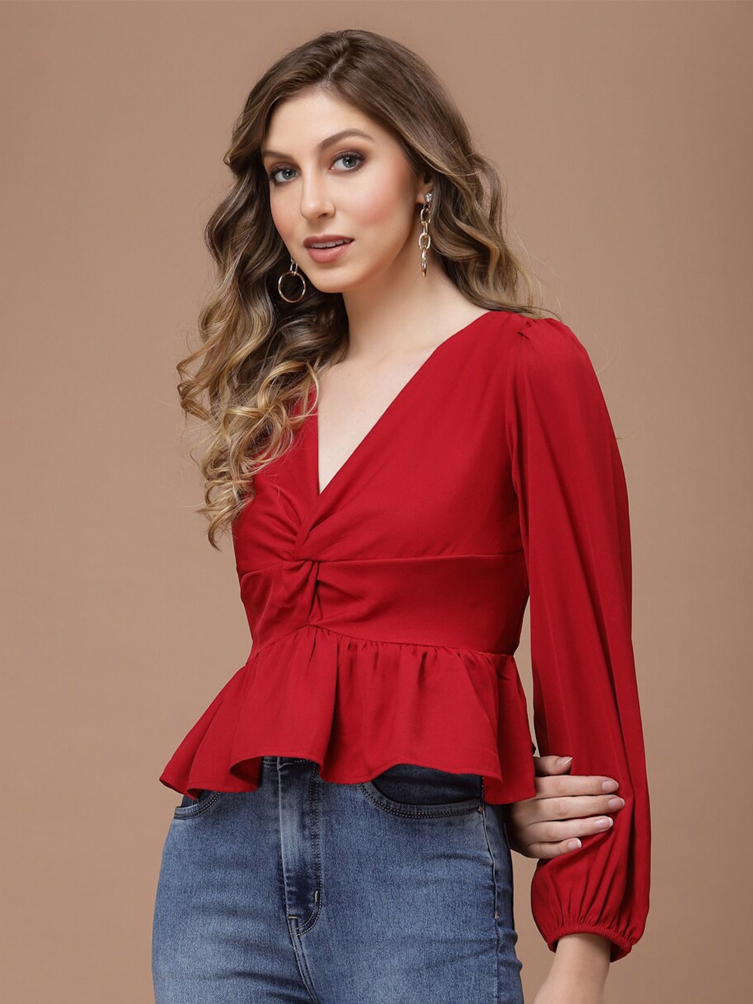 

KASSUALLY Front Knot Peplum Feminine Frills Top, Red