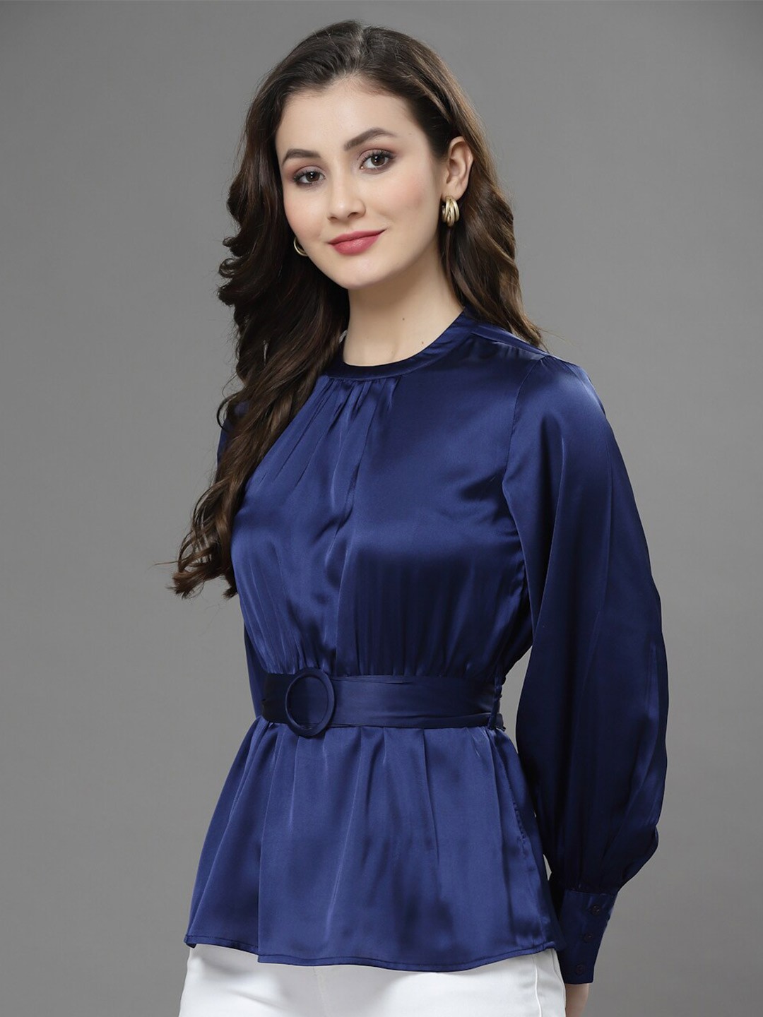 

KASSUALLY Round Neck Waist Belt Feminine Frills Top, Navy blue