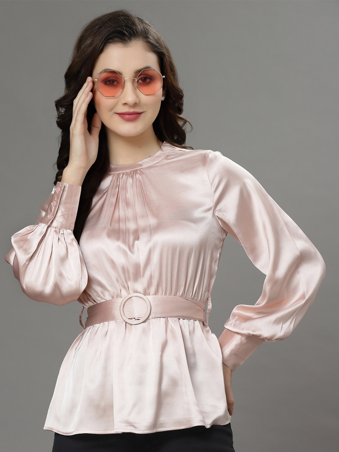 

KASSUALLY Round Neck Waist Belt Feminine Frills Top, Peach