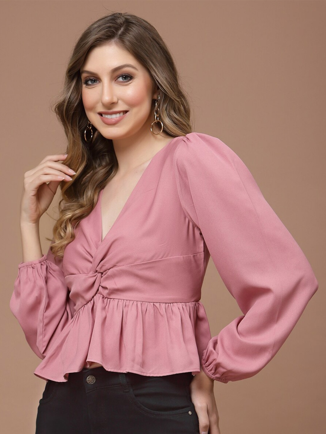 

KASSUALLY Front Knot Peplum Feminine Frills Top, Pink