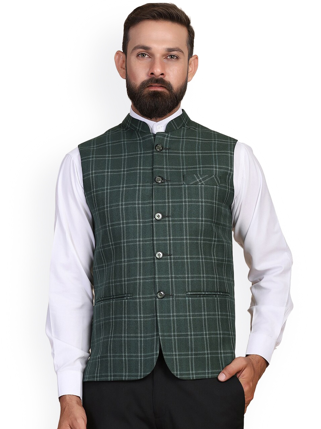 

TAHVO Men Checked Nehru Jacket, Green