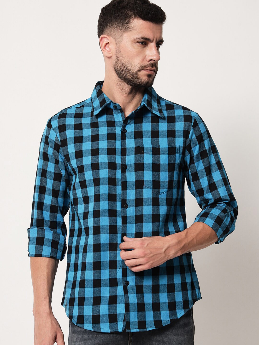 

Vastraa Fusion Men Standard Buffalo Checked Cotton Casual Shirt, Blue