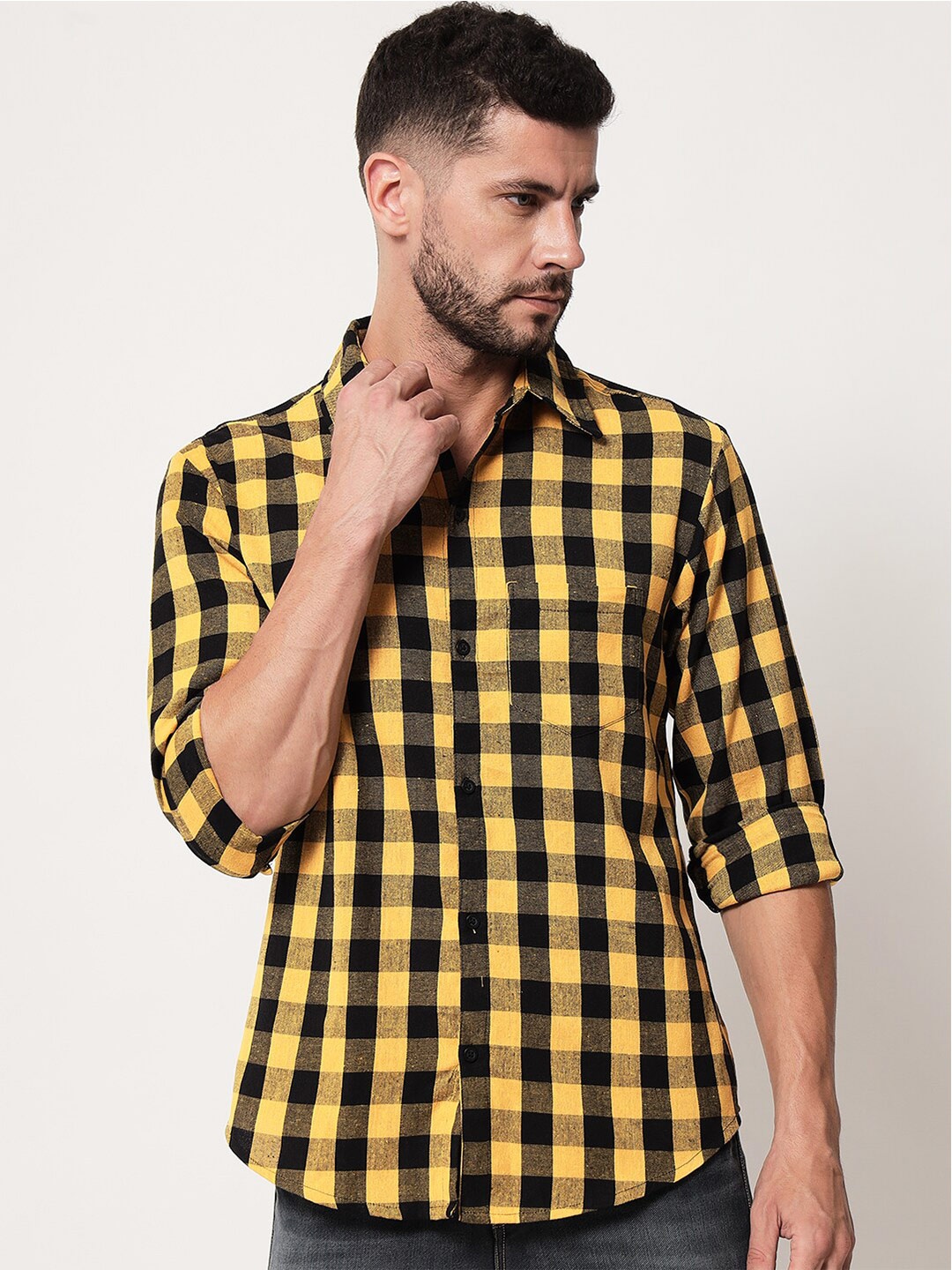 

Vastraa Fusion Men Standard Buffalo Checked Casual Cotton Shirt, Yellow