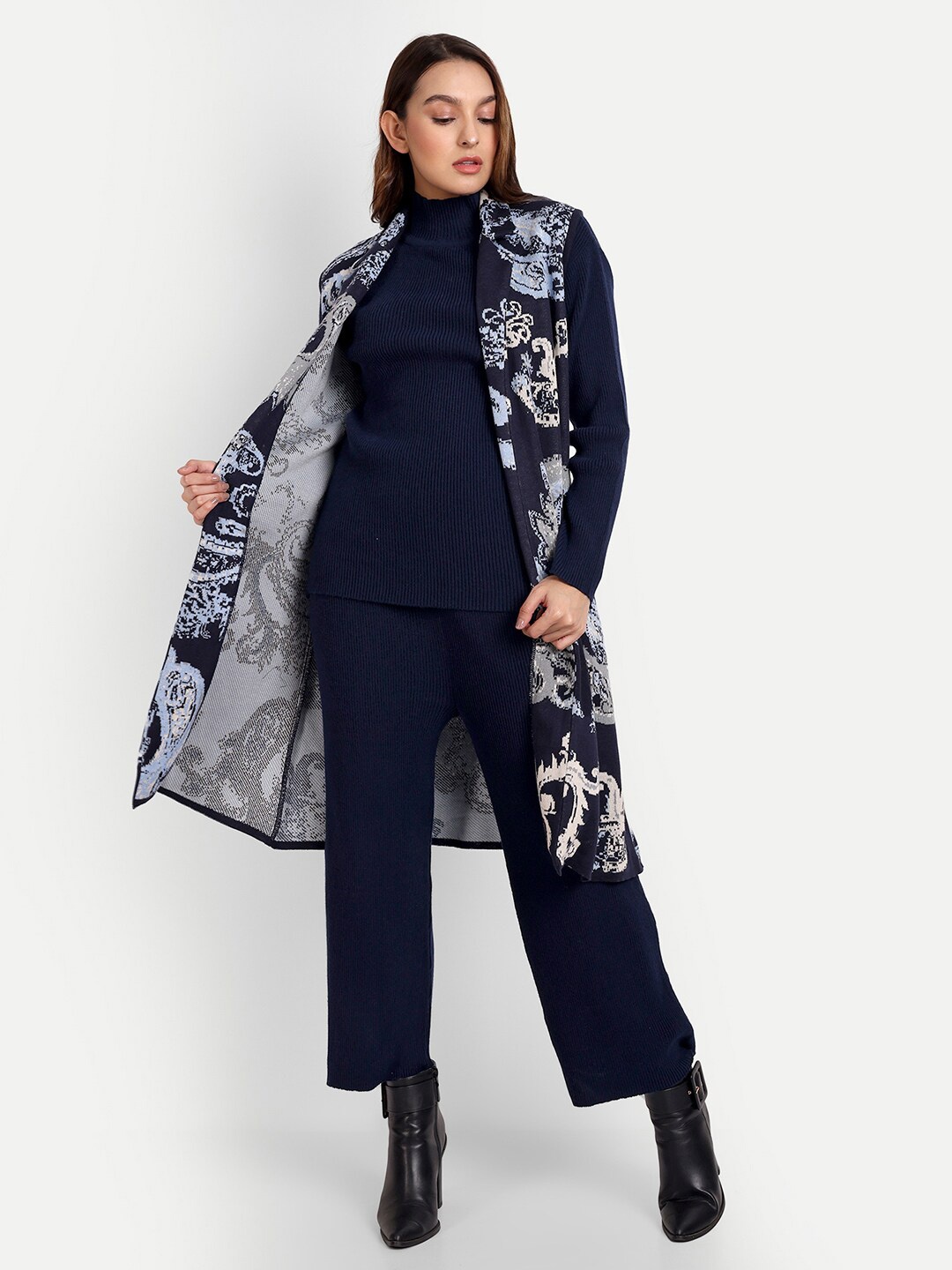 

iki chic Women Sweater & Trousers With Shrug, Navy blue