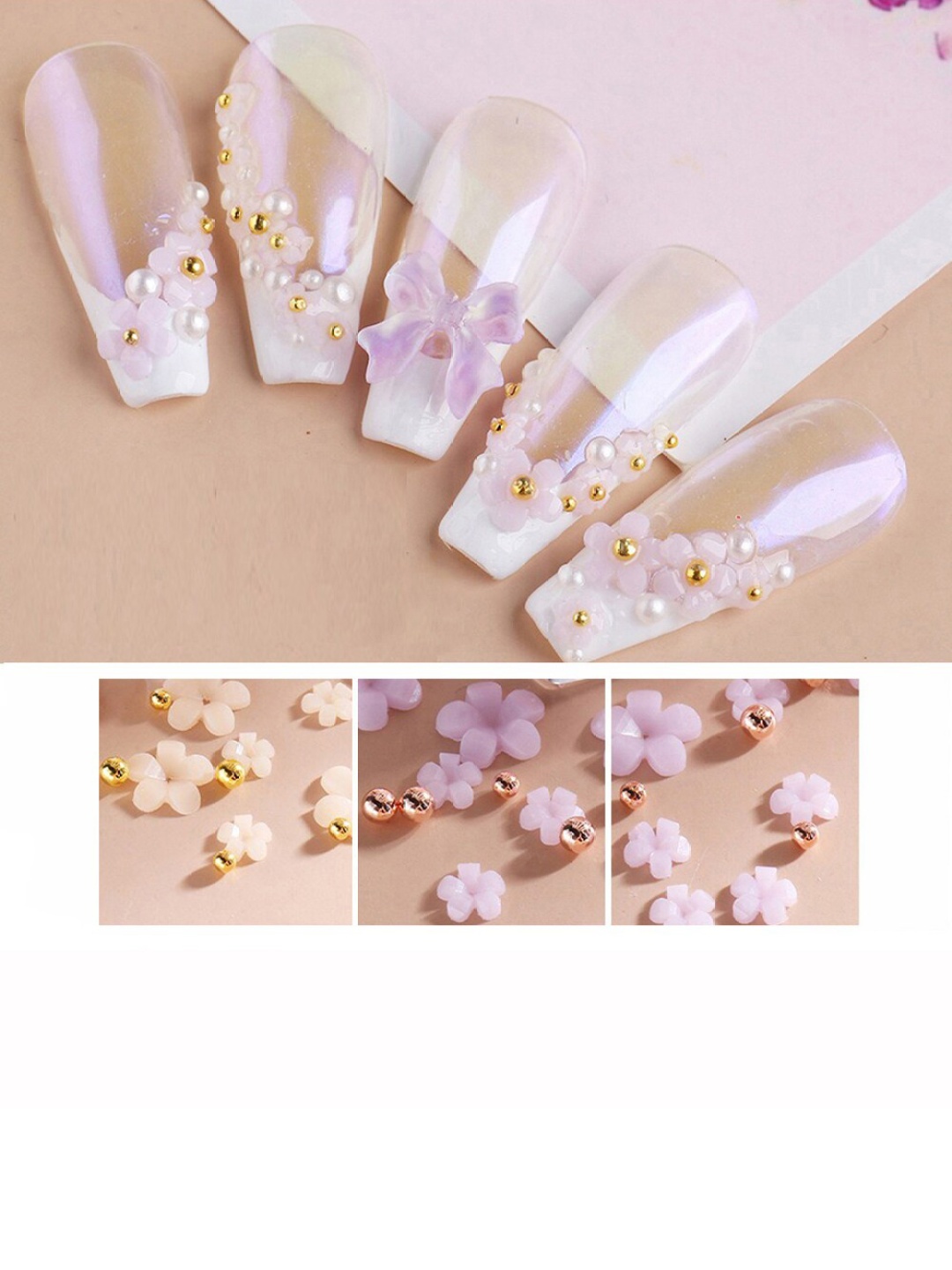 

S.A.V.I. 3D Five Petal Flowers Golden Metal Beads Balls & Caviar Decorations Accessories, White