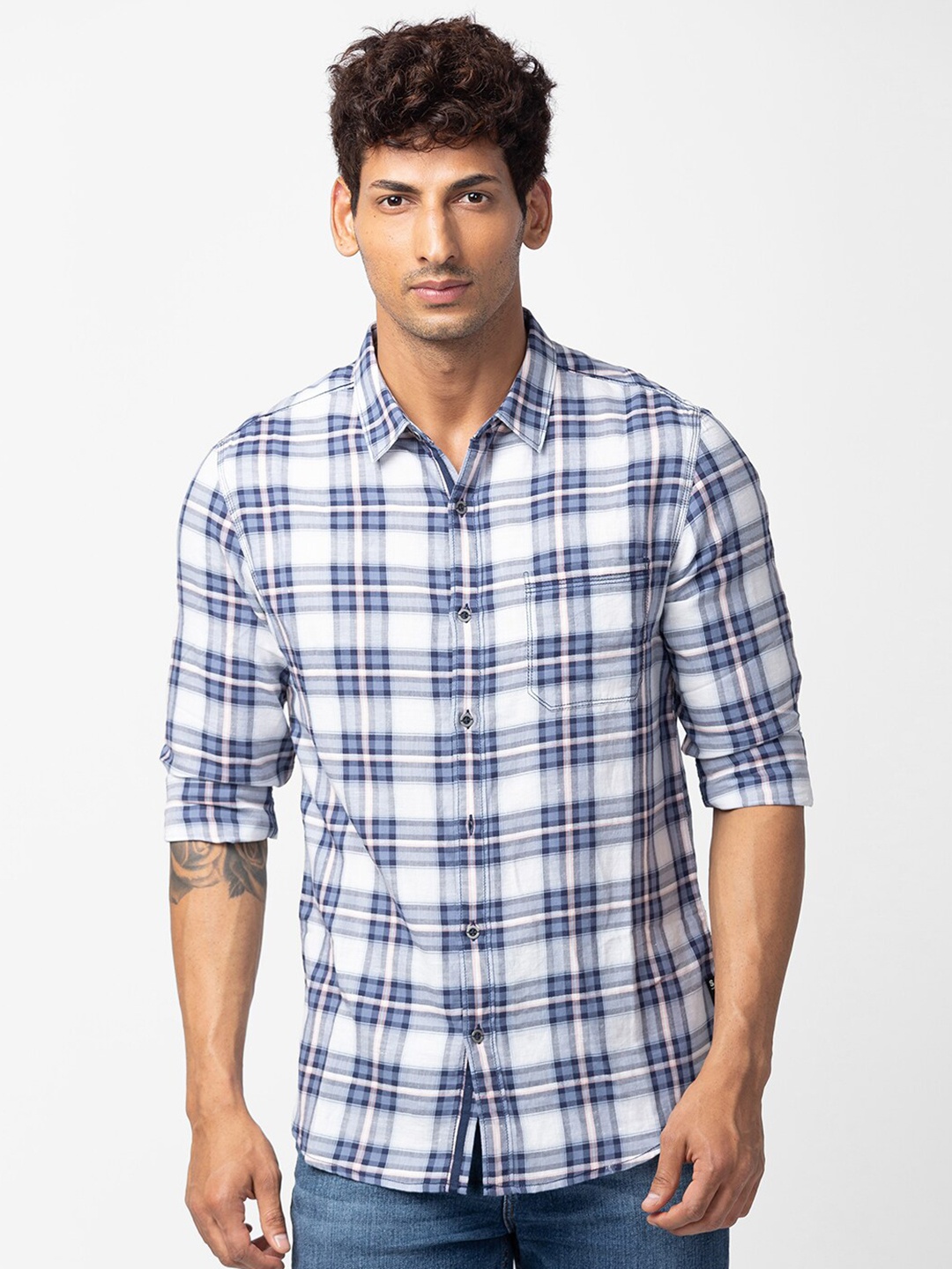 

SPYKAR Men Tartan Checks Casual Shirt, Navy blue