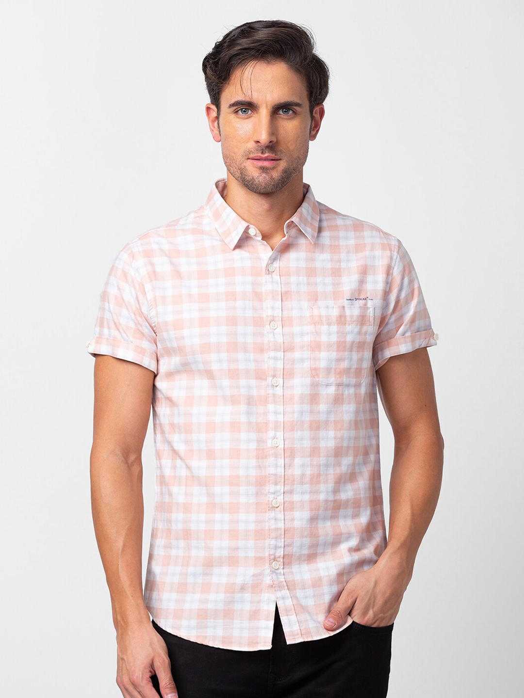 

SPYKAR Men Slim Fit Gingham Checked Casual Cotton Shirt, Peach