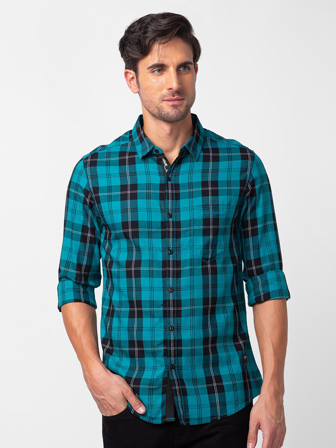 

SPYKAR Men Slim Fit Tartan Checked Casual Cotton Shirt, Blue