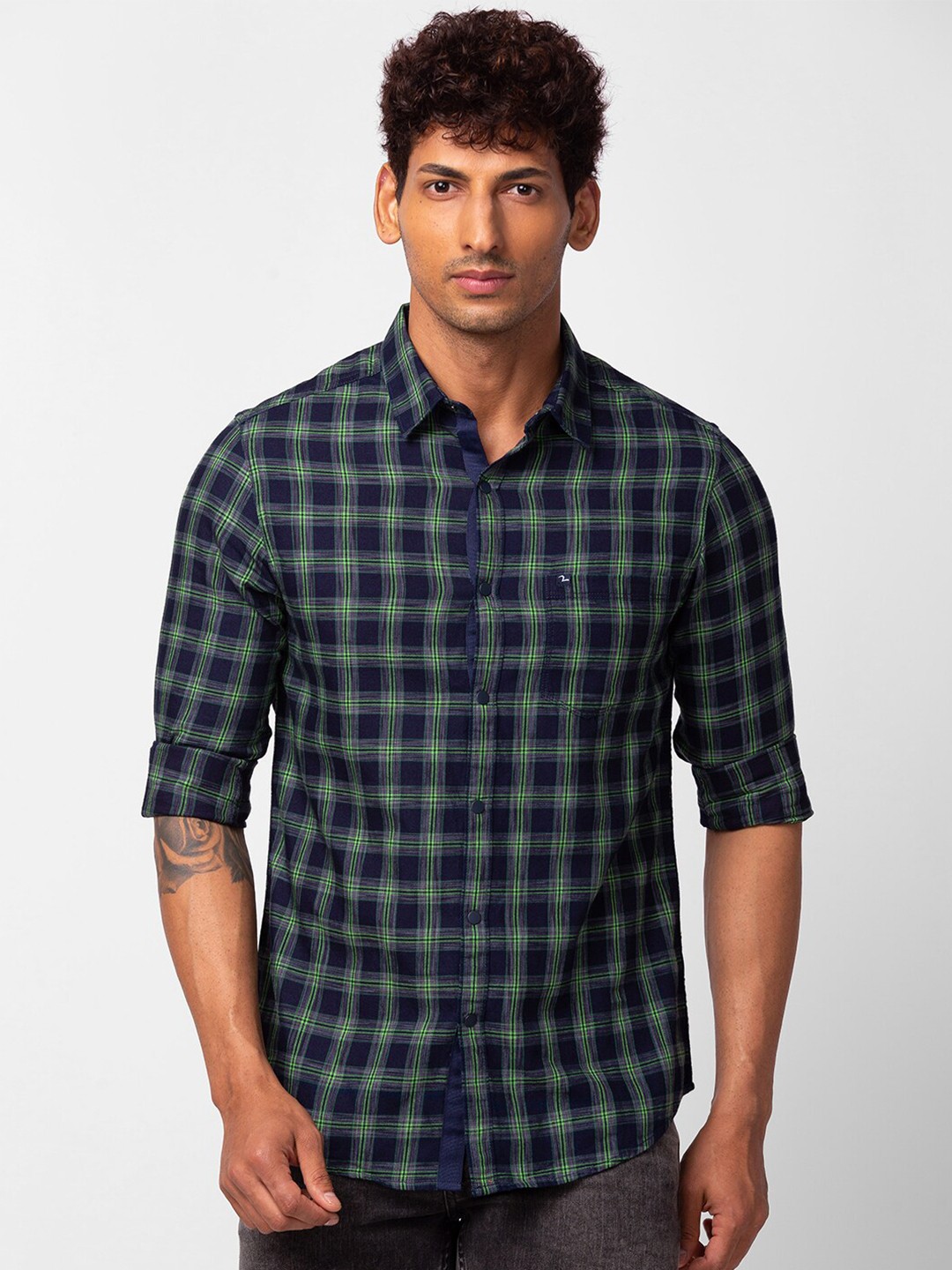 

SPYKAR Men Slim Fit Buffalo Checked Casual Cotton Shirt, Green