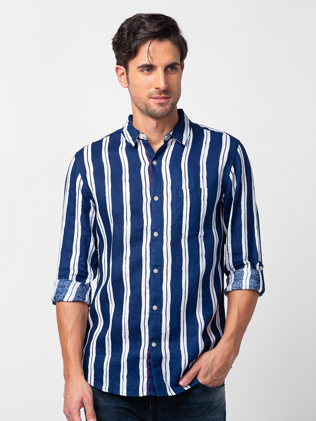 

SPYKAR Men Slim Fit Multi Stripes Striped Cotton Casual Shirt, Navy blue