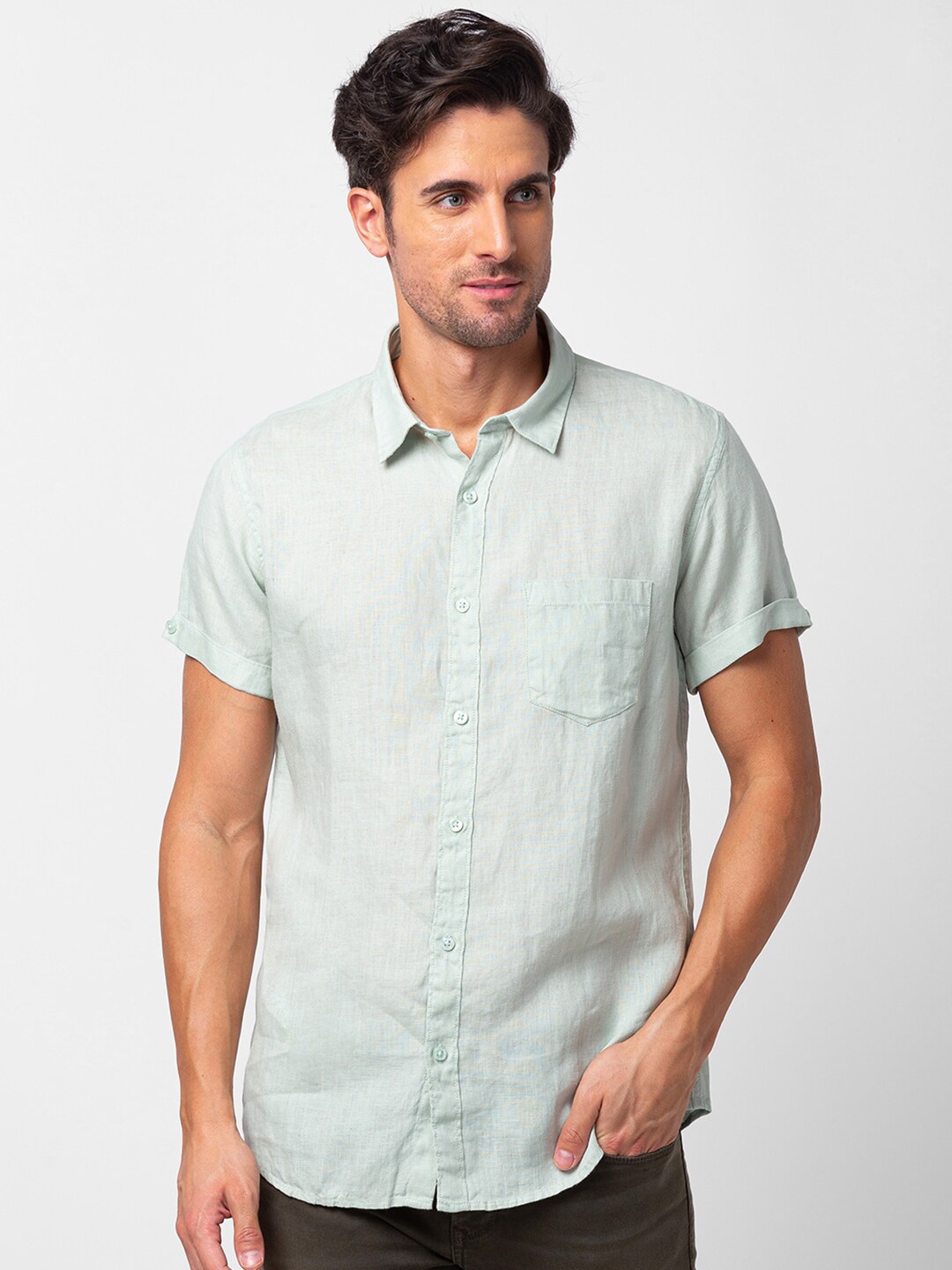 

SPYKAR Men Casual Linen Shirt, Green