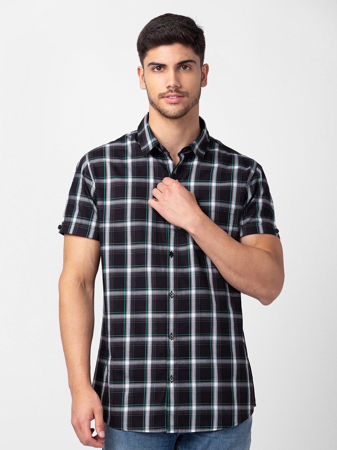 

SPYKAR Men Tartan Checked Cotton Casual Shirt, Black