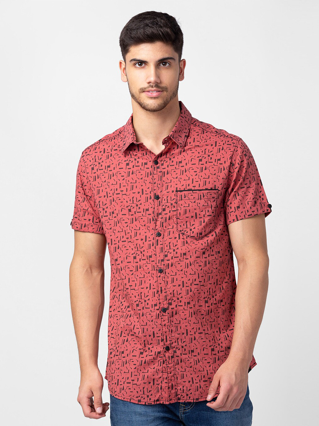 

SPYKAR Men Plus Size Slim Fit Abstract Printed Casual Shirt, Mauve