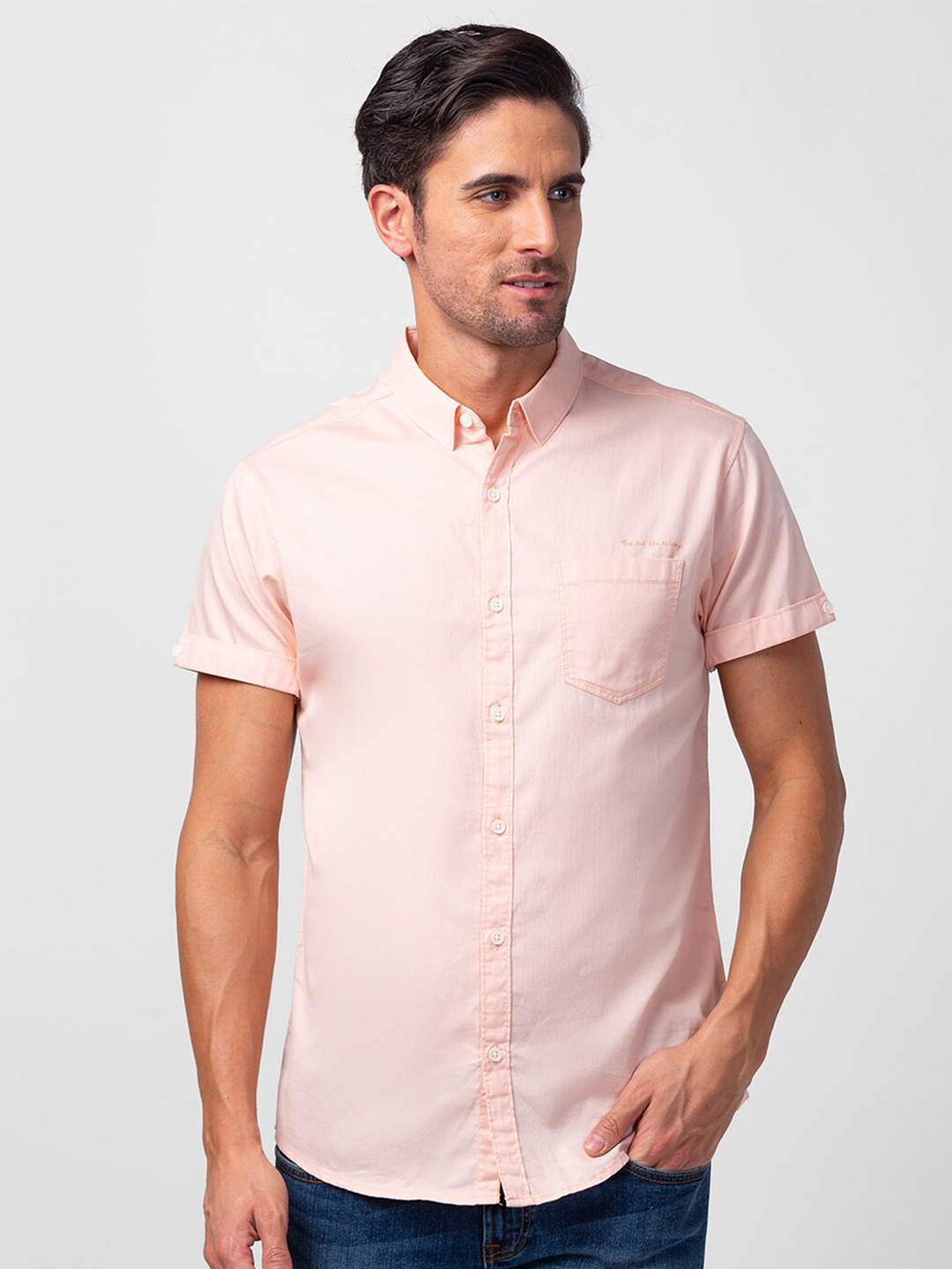 

SPYKAR Men Cotton Slim Fit Casual Shirt, Peach