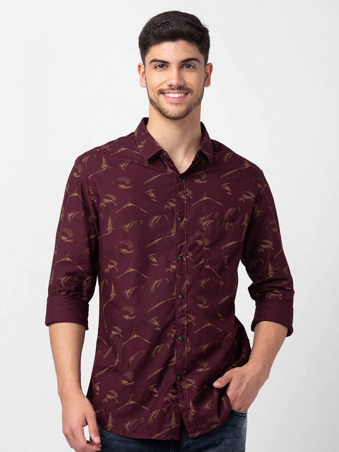 

SPYKAR Men Cotton Slim Fit Printed Casual Shirt, Burgundy