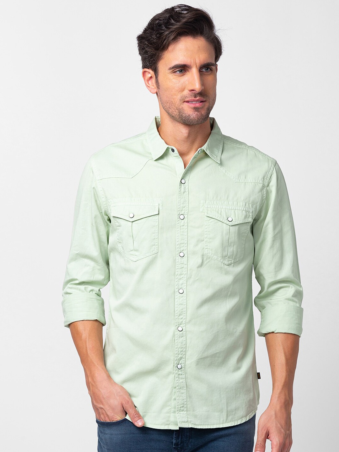 

SPYKAR Men Cotton Solid Slim Fit Casual Shirt, Green