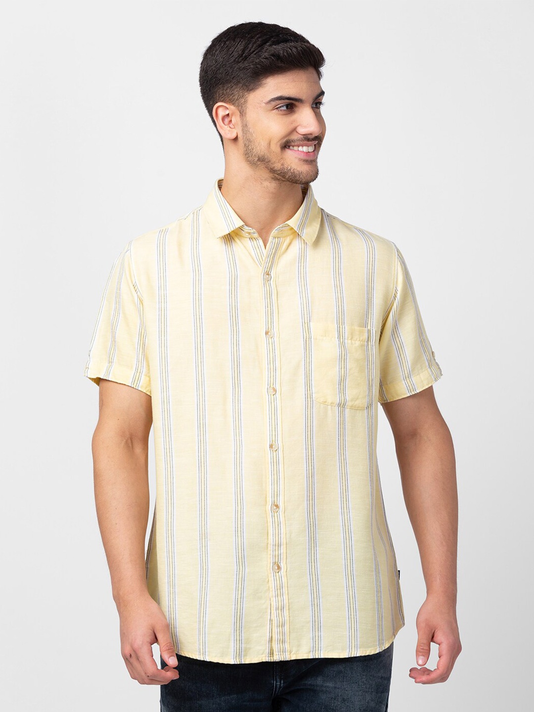 

SPYKAR Men Striped Cotton Casual Shirt, Yellow