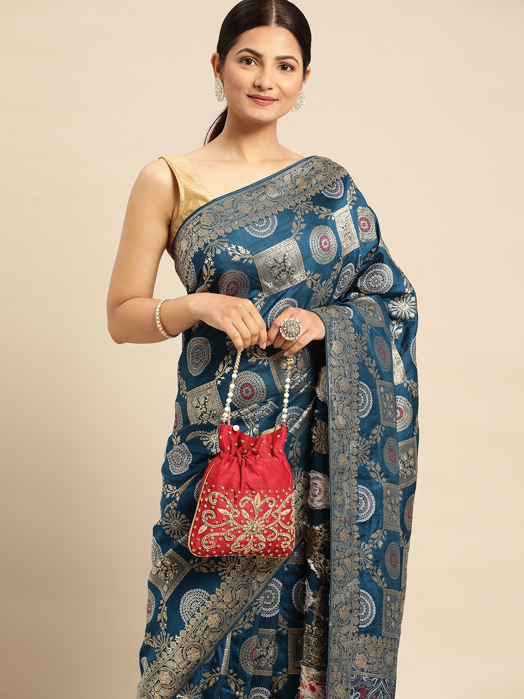 

APPLIX STYLE Ethnic Motifs Zari Banarasi Saree, Teal